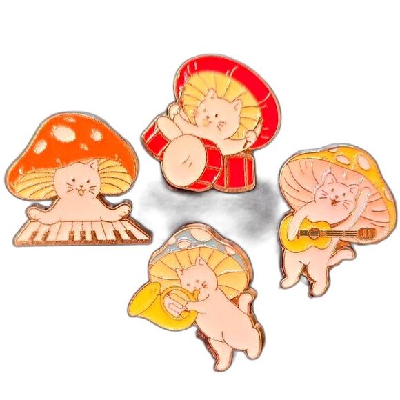 Mushroom kitty band enamel pin set of 4  musical - Picture 1 of 2